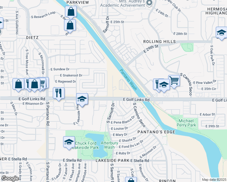 map of restaurants, bars, coffee shops, grocery stores, and more near 8335 E Golf Links Rd in Tucson