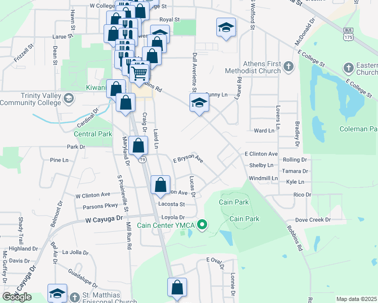 map of restaurants, bars, coffee shops, grocery stores, and more near 513 East Bryson Avenue in Athens