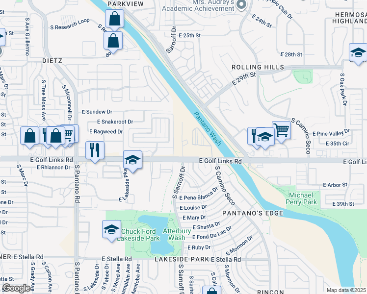 map of restaurants, bars, coffee shops, grocery stores, and more near 8335 E Golf Links Rd in Tucson
