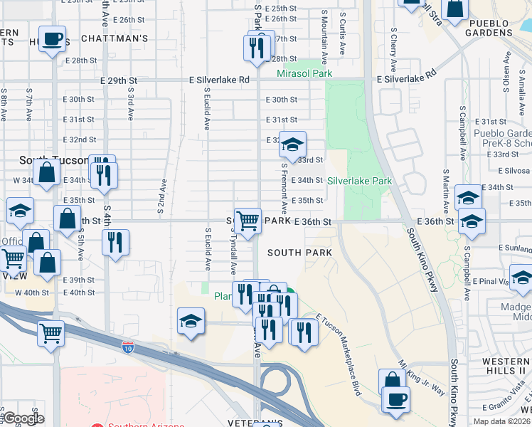 map of restaurants, bars, coffee shops, grocery stores, and more near 1032 East 35th Street in Tucson