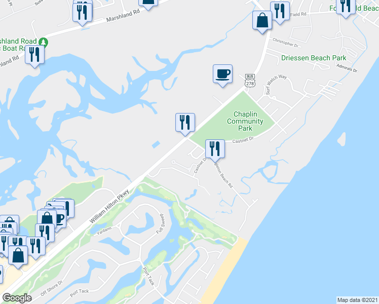 map of restaurants, bars, coffee shops, grocery stores, and more near 16 Henry Lane in Hilton Head Island