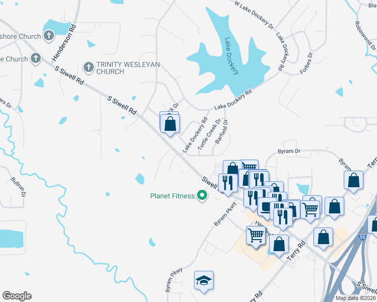 map of restaurants, bars, coffee shops, grocery stores, and more near 106 Lake Dockery Road in Byram