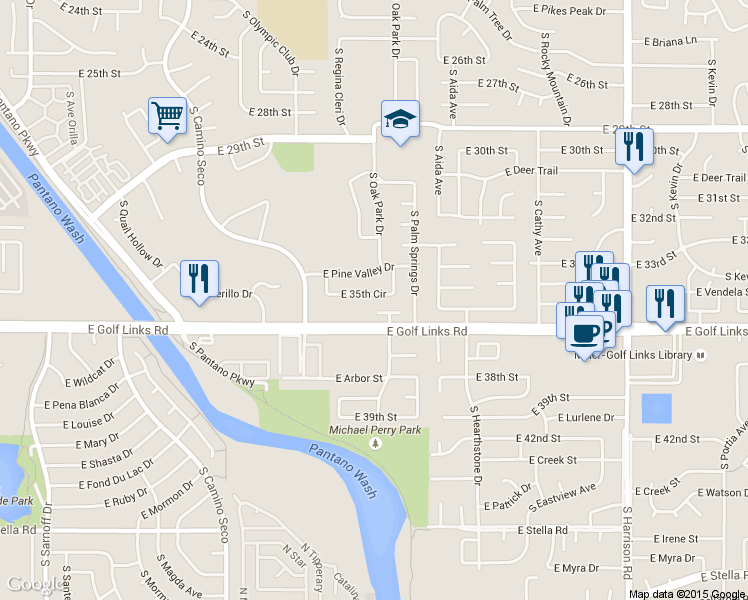 map of restaurants, bars, coffee shops, grocery stores, and more near 8964 East 35th Circle in Tucson