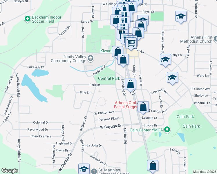 map of restaurants, bars, coffee shops, grocery stores, and more near 101 Park Street in Athens