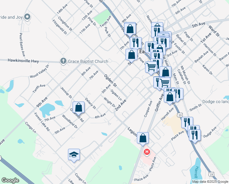 map of restaurants, bars, coffee shops, grocery stores, and more near 135 Ogden Lane in Eastman