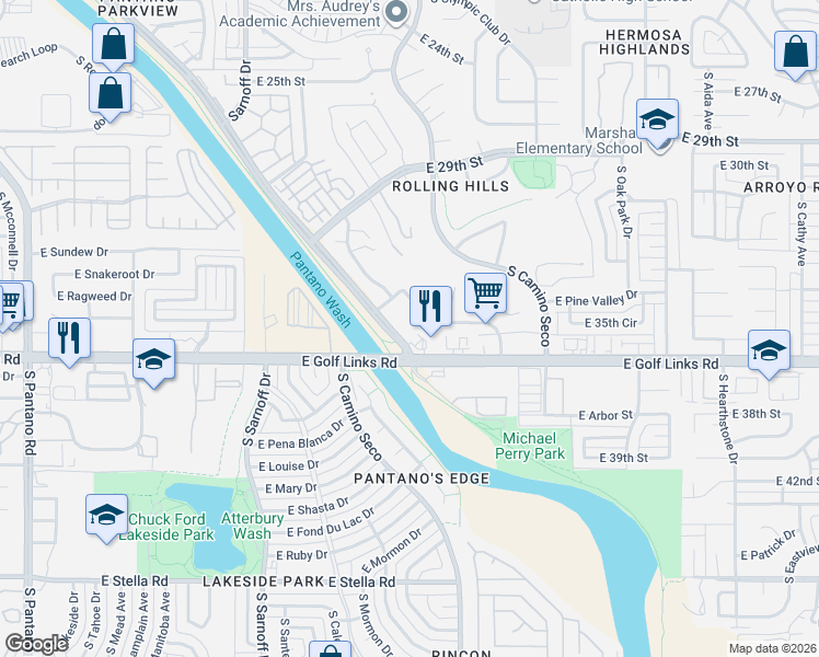 map of restaurants, bars, coffee shops, grocery stores, and more near 2515 South Pantano Parkway in Tucson