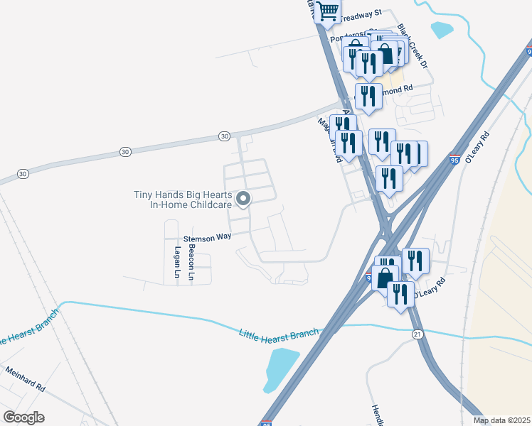 map of restaurants, bars, coffee shops, grocery stores, and more near 43 Bearing Circle in Port Wentworth