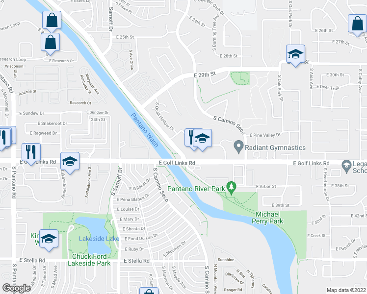 map of restaurants, bars, coffee shops, grocery stores, and more near 2501 South Pantano Parkway in Tucson