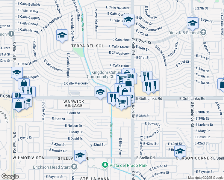 map of restaurants, bars, coffee shops, grocery stores, and more near 6979 East Golf Links Circle in Tucson