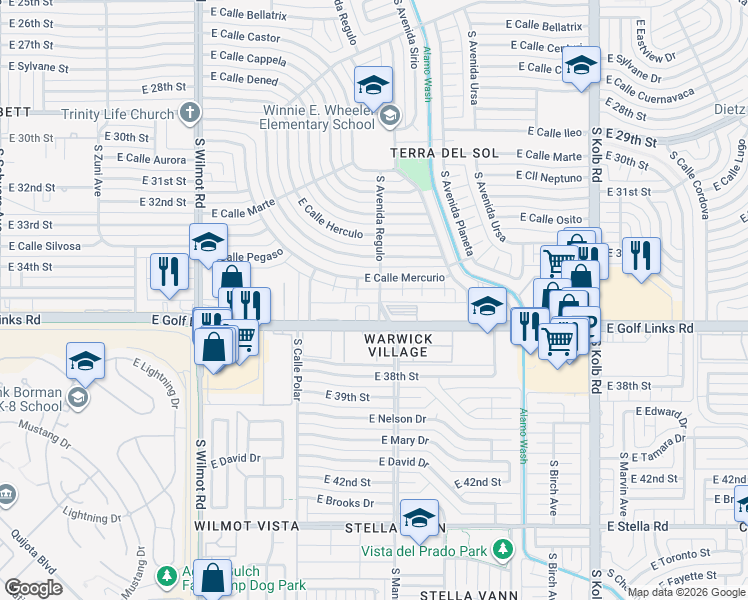 map of restaurants, bars, coffee shops, grocery stores, and more near 2507 South Avenida Regulo in Tucson