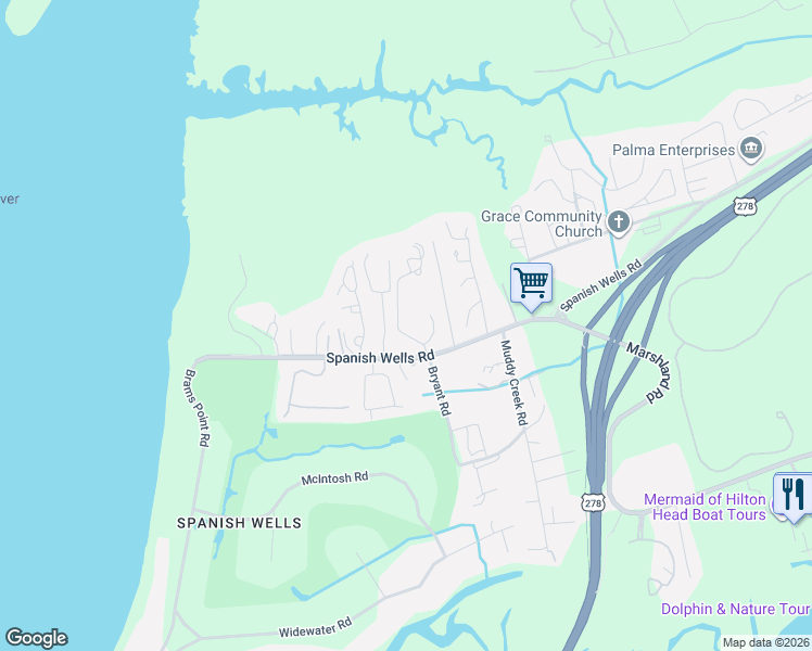 map of restaurants, bars, coffee shops, grocery stores, and more near 12 Old House Creek Drive in Hilton Head Island
