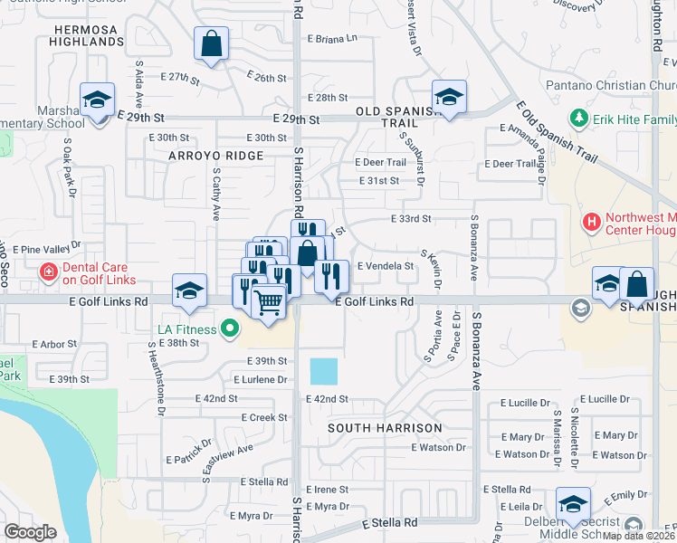 map of restaurants, bars, coffee shops, grocery stores, and more near 9592 East Vendela Street in Tucson