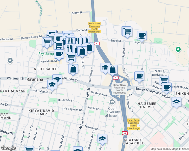 map of restaurants, bars, coffee shops, grocery stores, and more near 4 HaSheizaf Street in Ra'anana