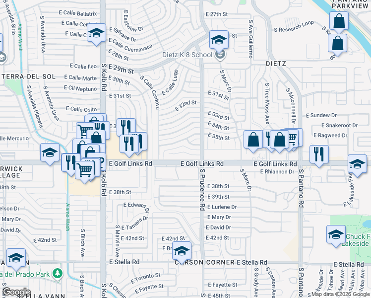 map of restaurants, bars, coffee shops, grocery stores, and more near 7432 East Calle Taxco in Tucson