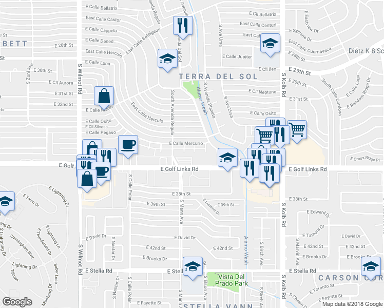map of restaurants, bars, coffee shops, grocery stores, and more near 6746 East Calle Mercurio in Tucson