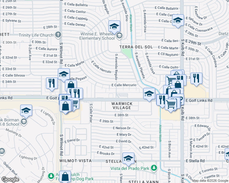map of restaurants, bars, coffee shops, grocery stores, and more near 2507 South Avenida Regulo in Tucson