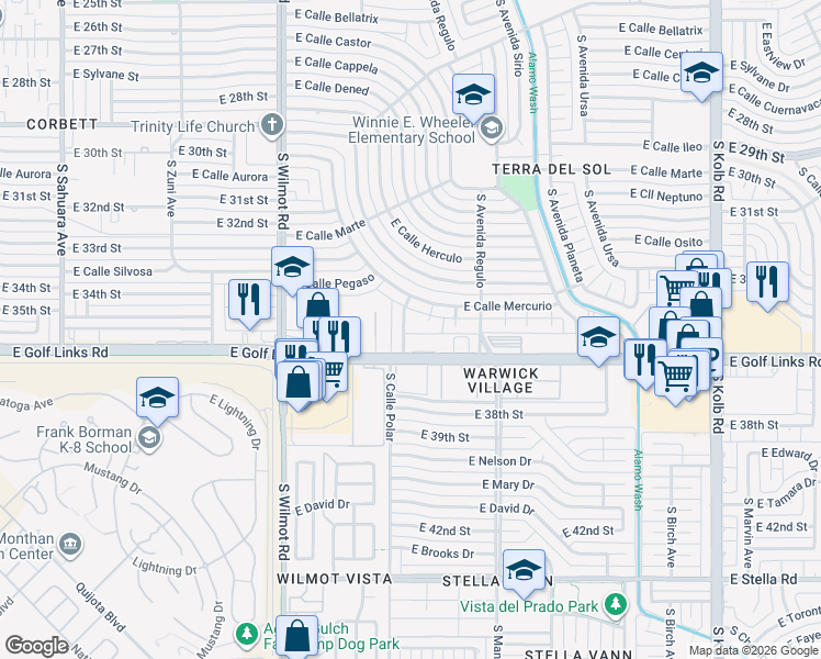 map of restaurants, bars, coffee shops, grocery stores, and more near 2153 South Calle Polar in Tucson