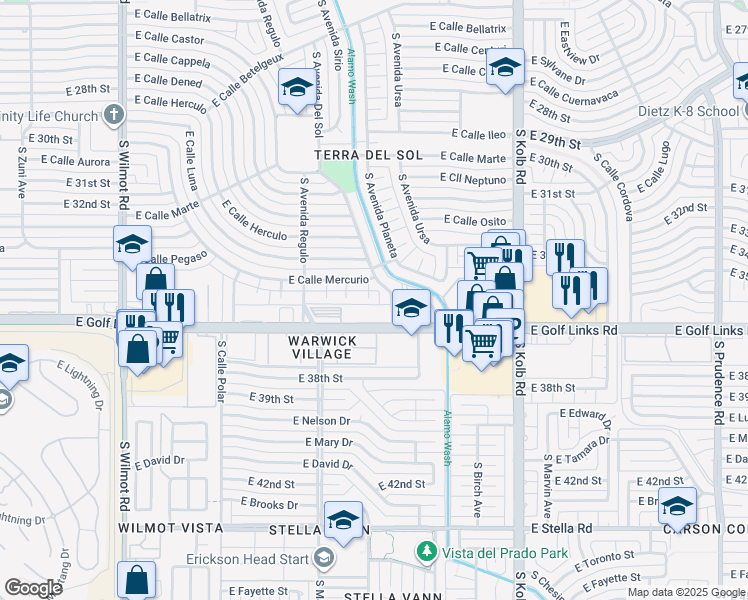 map of restaurants, bars, coffee shops, grocery stores, and more near 6776 East Calle Mercurio in Tucson