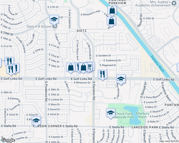map of restaurants, bars, coffee shops, grocery stores, and more near 7871 East Roget Drive in Tucson