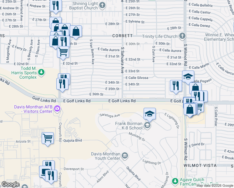 map of restaurants, bars, coffee shops, grocery stores, and more near 5819 East 36th Street in Tucson