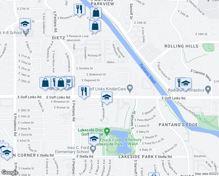 map of restaurants, bars, coffee shops, grocery stores, and more near 2464 Rose Peak Drive in Tucson