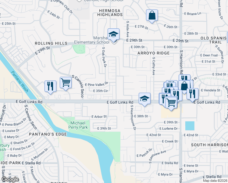 map of restaurants, bars, coffee shops, grocery stores, and more near 2434 South Palm Springs Drive in Tucson