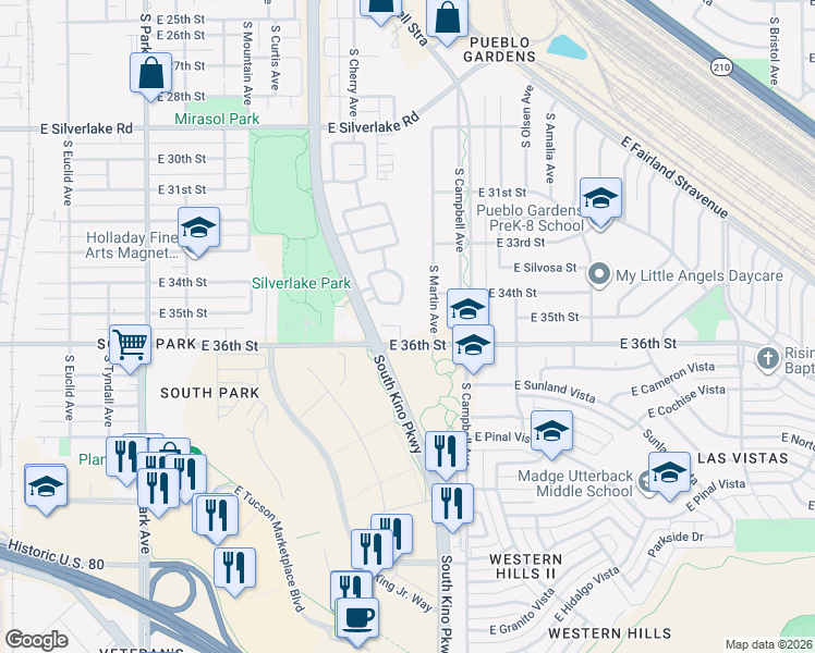 map of restaurants, bars, coffee shops, grocery stores, and more near 1763 East Saint Jonas Place in Tucson