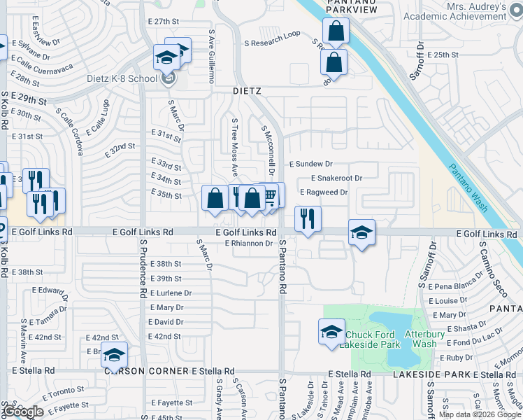 map of restaurants, bars, coffee shops, grocery stores, and more near 7871 East Roget Drive in Tucson