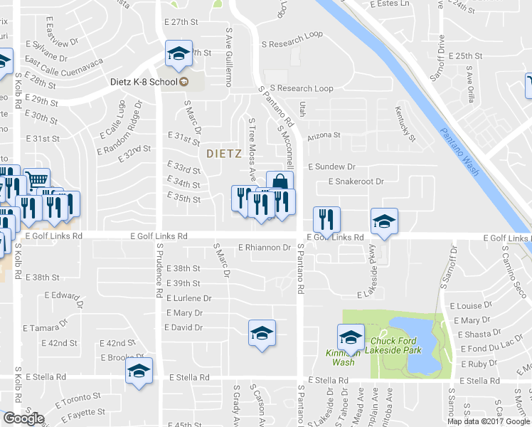 map of restaurants, bars, coffee shops, grocery stores, and more near 7835 East Roget Drive in Tucson