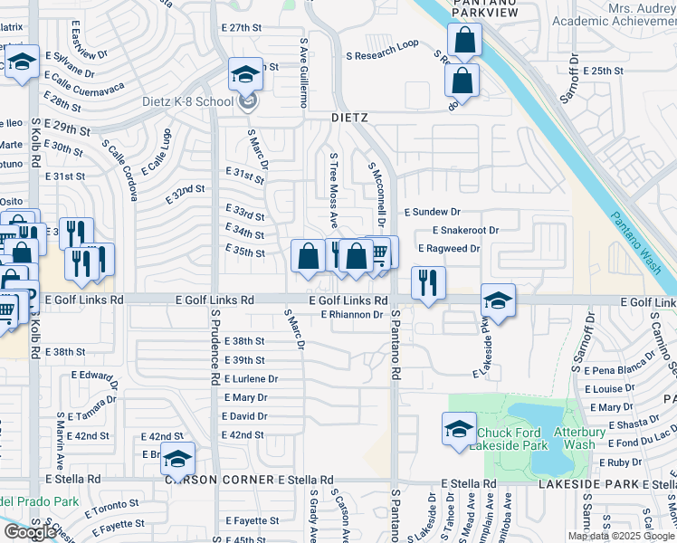 map of restaurants, bars, coffee shops, grocery stores, and more near 7835 East Roget Drive in Tucson