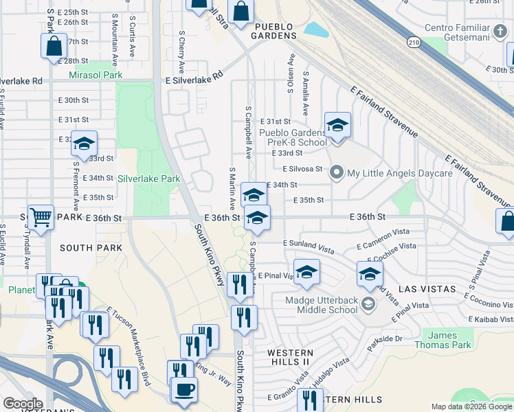 map of restaurants, bars, coffee shops, grocery stores, and more near 1909 East 36th Street in Tucson