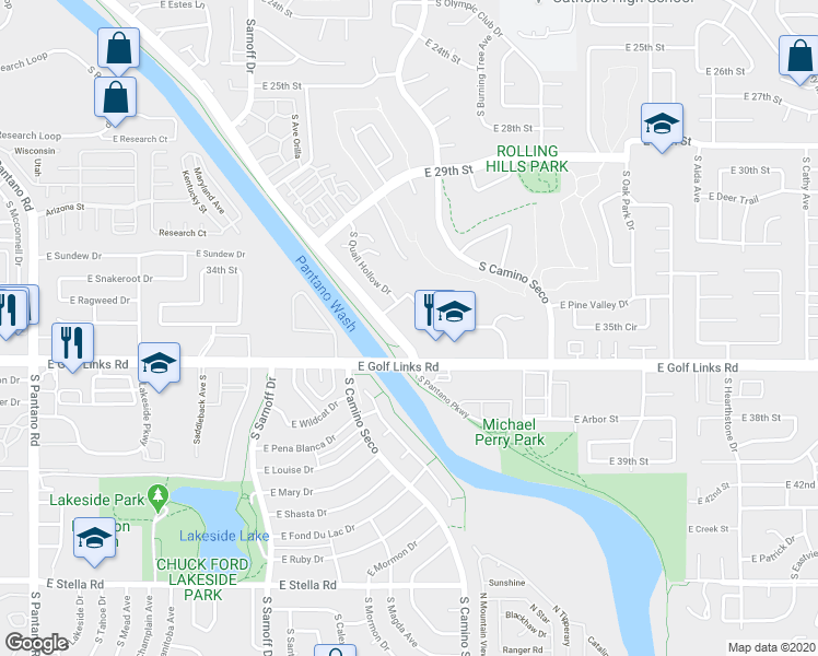 map of restaurants, bars, coffee shops, grocery stores, and more near 2501 South Pantano Parkway in Tucson