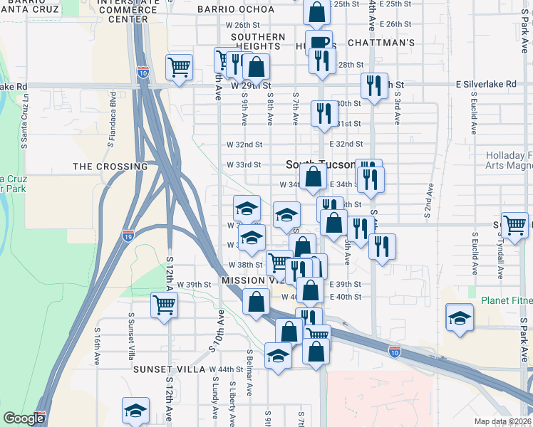 map of restaurants, bars, coffee shops, grocery stores, and more near 2520 South 8th Avenue in Tucson