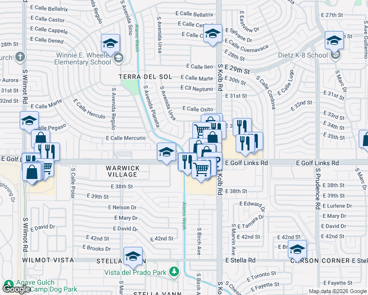 map of restaurants, bars, coffee shops, grocery stores, and more near 6979 East Golf Links Circle in Tucson