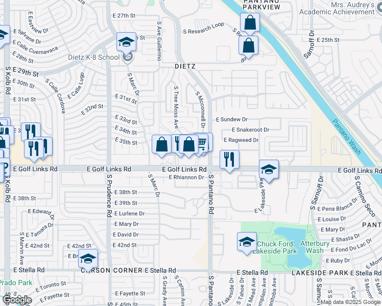 map of restaurants, bars, coffee shops, grocery stores, and more near 7835 East Roget Drive in Tucson