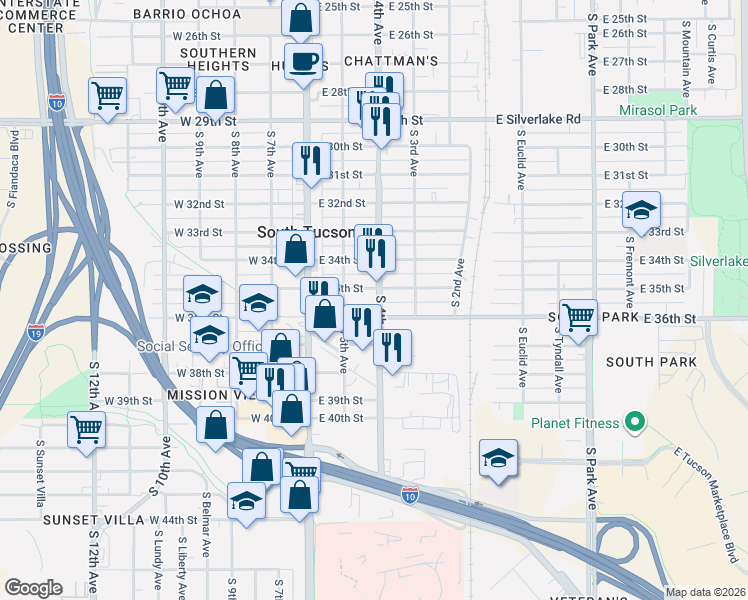 map of restaurants, bars, coffee shops, grocery stores, and more near 2514 South 4th Avenue in Tucson