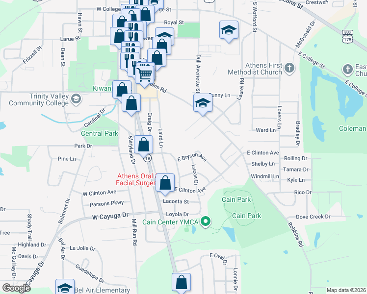 map of restaurants, bars, coffee shops, grocery stores, and more near 505 East Bryson Avenue in Athens