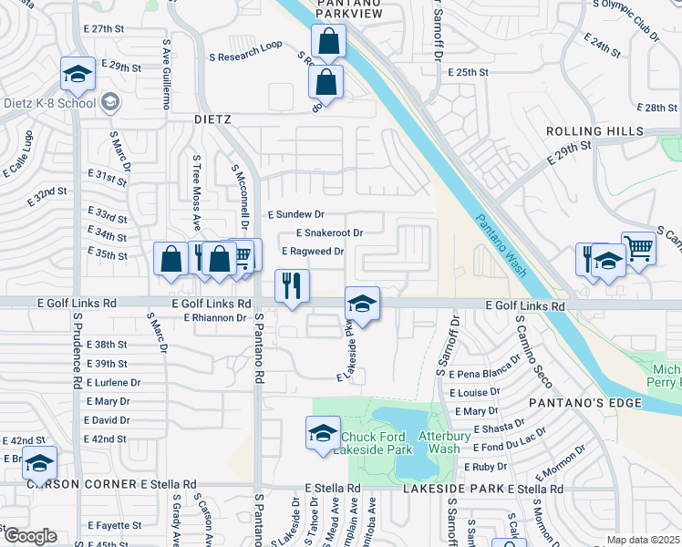 map of restaurants, bars, coffee shops, grocery stores, and more near 8084 East Blindweed Drive in Tucson
