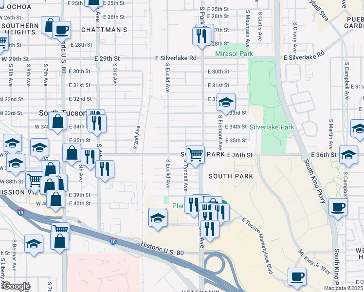 map of restaurants, bars, coffee shops, grocery stores, and more near 838 East 35th Street in Tucson