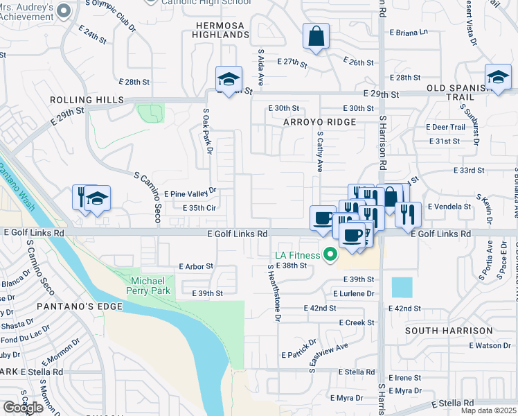 map of restaurants, bars, coffee shops, grocery stores, and more near 9138 East Placita Arroyo Seco in Tucson