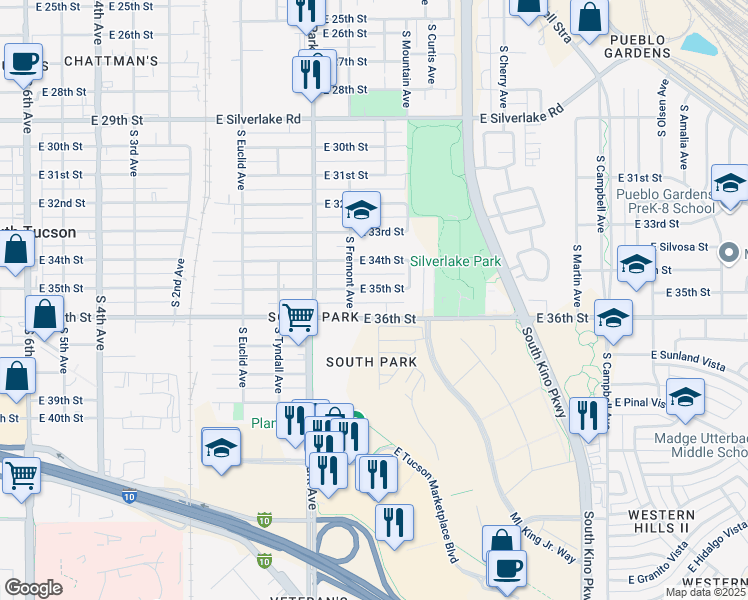 map of restaurants, bars, coffee shops, grocery stores, and more near 1132 East 35th Street in Tucson