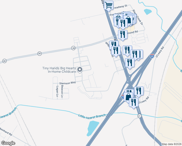 map of restaurants, bars, coffee shops, grocery stores, and more near 61 Bearing Circle in Port Wentworth
