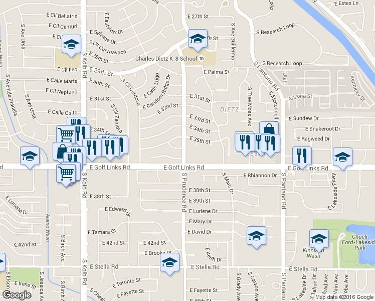 map of restaurants, bars, coffee shops, grocery stores, and more near 2425 South Prudence Road in Tucson