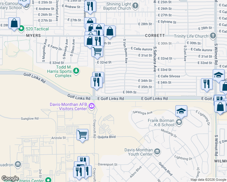 map of restaurants, bars, coffee shops, grocery stores, and more near 5631 East 36th Street in Tucson