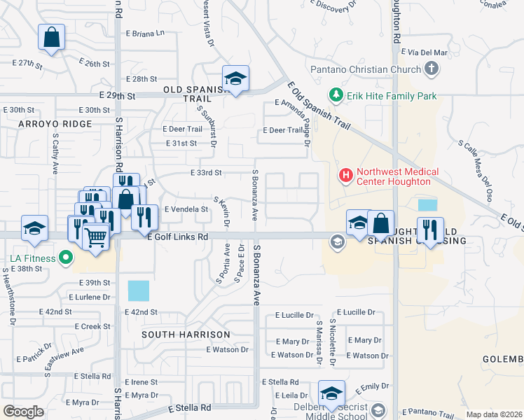 map of restaurants, bars, coffee shops, grocery stores, and more near 2492 South Adventure Trail in Tucson