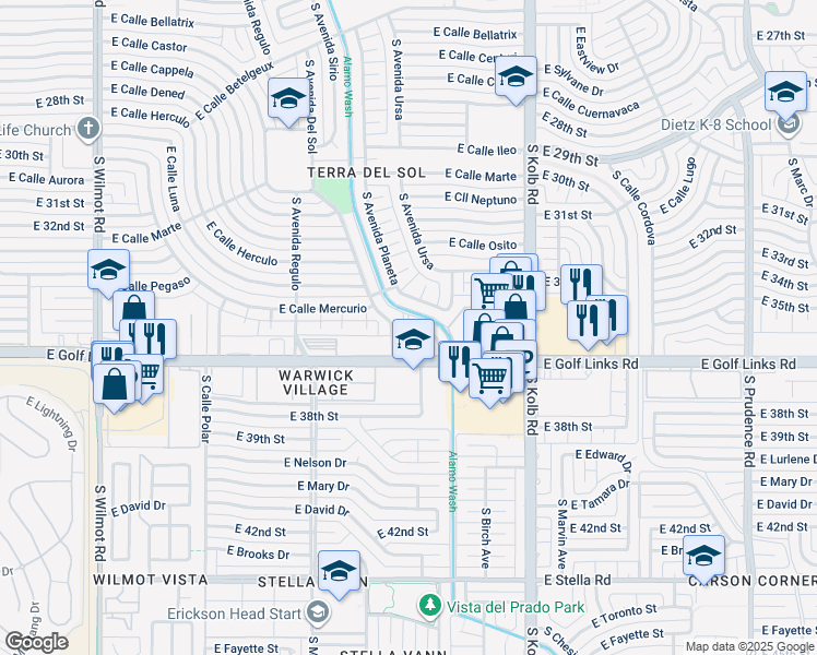 map of restaurants, bars, coffee shops, grocery stores, and more near 6931 E Golf Links Cir in Tucson
