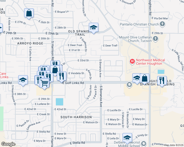 map of restaurants, bars, coffee shops, grocery stores, and more near 2520 South Marianne Place in Tucson