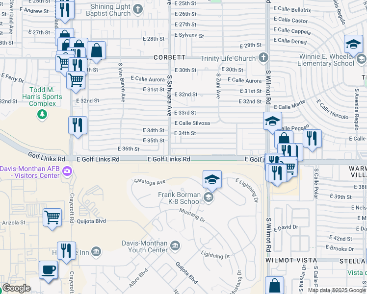 map of restaurants, bars, coffee shops, grocery stores, and more near 5950 East 35th Street in Tucson