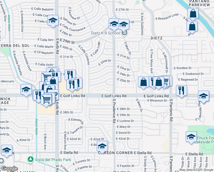 map of restaurants, bars, coffee shops, grocery stores, and more near 7432 East Calle Taxco in Tucson