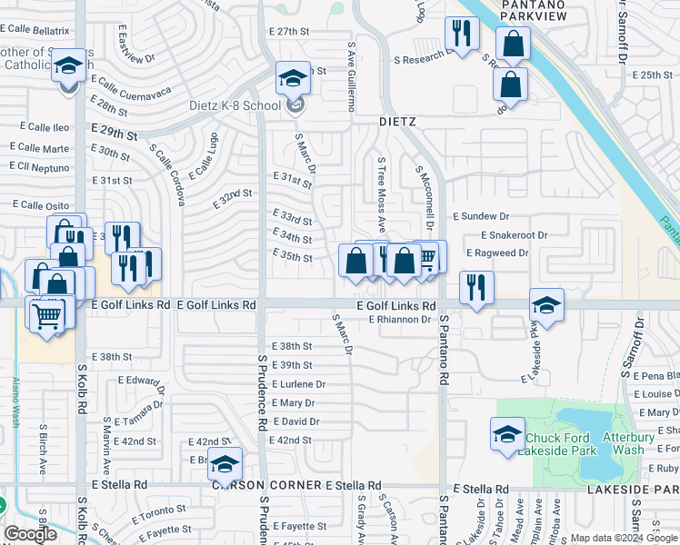 map of restaurants, bars, coffee shops, grocery stores, and more near 7680 East Placita Luna Preciosa in Tucson
